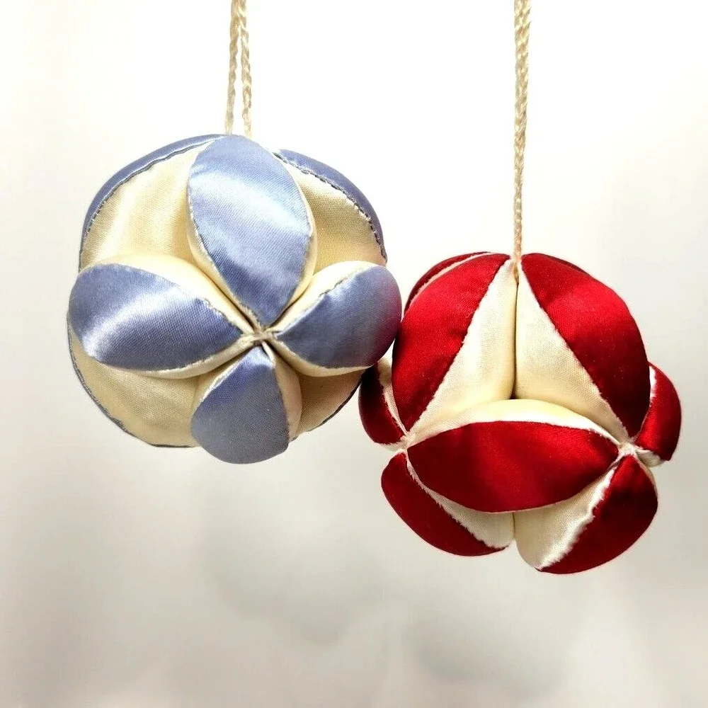 Vintage Quilted Puzzle Balls Hanging Ornaments X 2 Christmas Satin Fabric